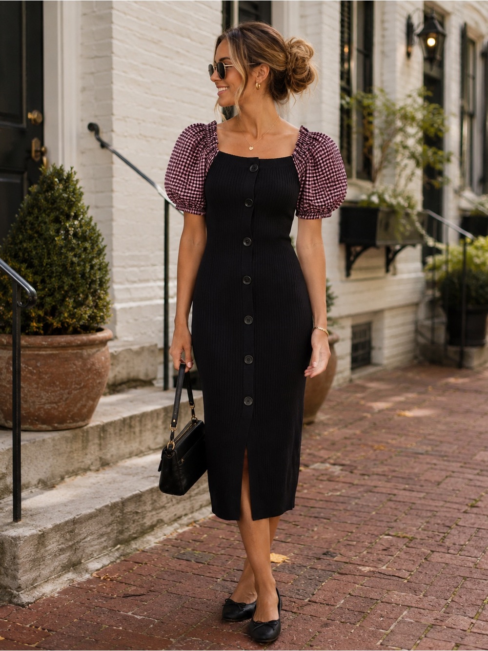 Maeve Anthropologie Rib Knit Midi Dress Puff Sleeve Gingham‎ NWT Small